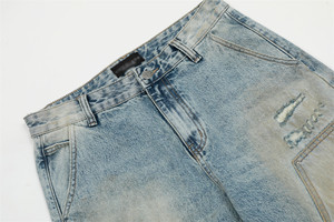 Erkek moda çift diz marangoz pantolon eski tarzı rüzgar delikleri atık toprak taş yıkama Denim çan dipleri düz dokuma kot yapmak - Product Image 4