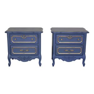 Handmade Pháp tỉnh chàm màu xanh gỗ gụ nightstands với điểm nhấn vàng trang trí công phu 2-ngăn kéo Bàn Cạnh Giường ngủ cổ điển bedro - Product Image 1