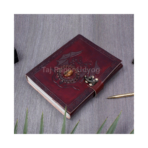 个性化真皮压花装订日记本带石头双龙印花书写白纸日记本笔记本 - Product Image 6