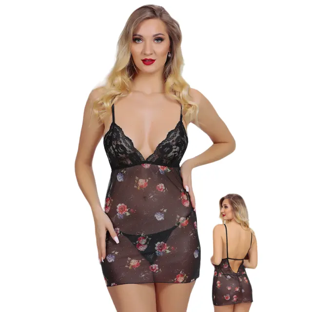 Nuova collezione donna petto pizzo Sexy floreale stampato nero Tulle camicia da notte Set pigiama pigiameria abiti da notte 1342 OEM