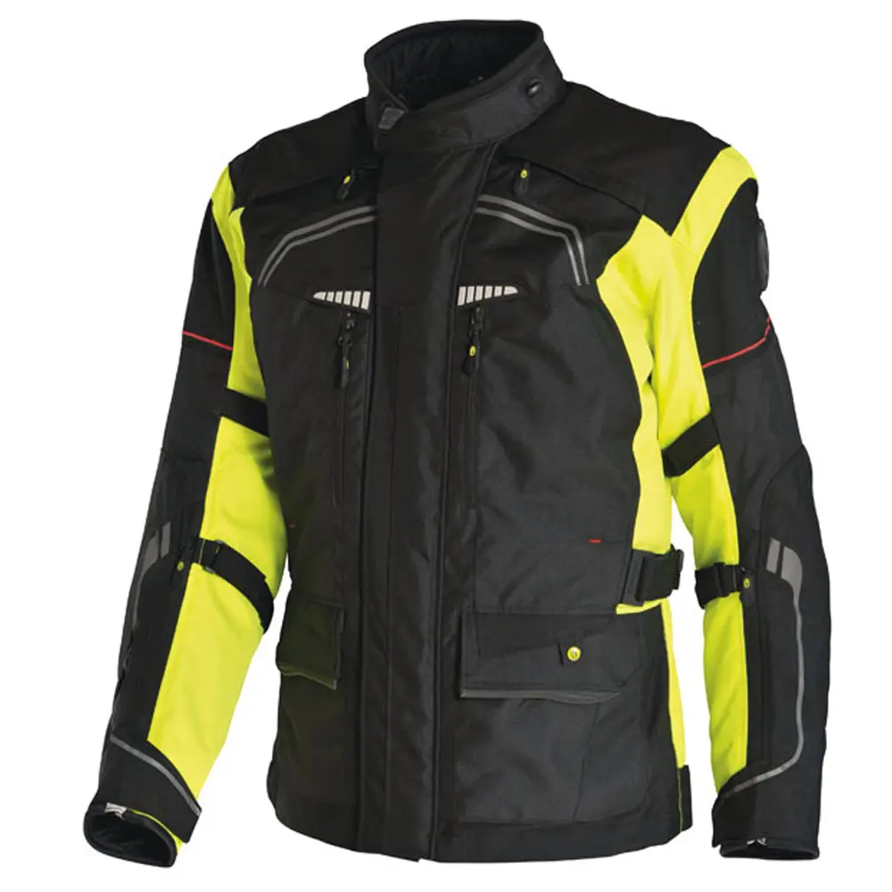 Pasokan grosir kustomisasi warna kuning belakang dengan benang abu-abu ritsleting depan sepeda motor jaket tekstil tahan hujan jaket pria