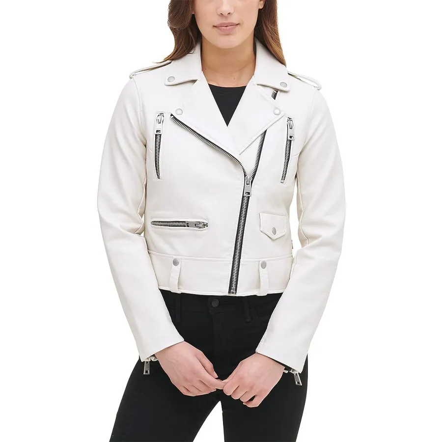 女性のための白い革のジャケット無地の加熱されたしわ防止牛素材クラシックパターン女性のための卸売革のジャケット
