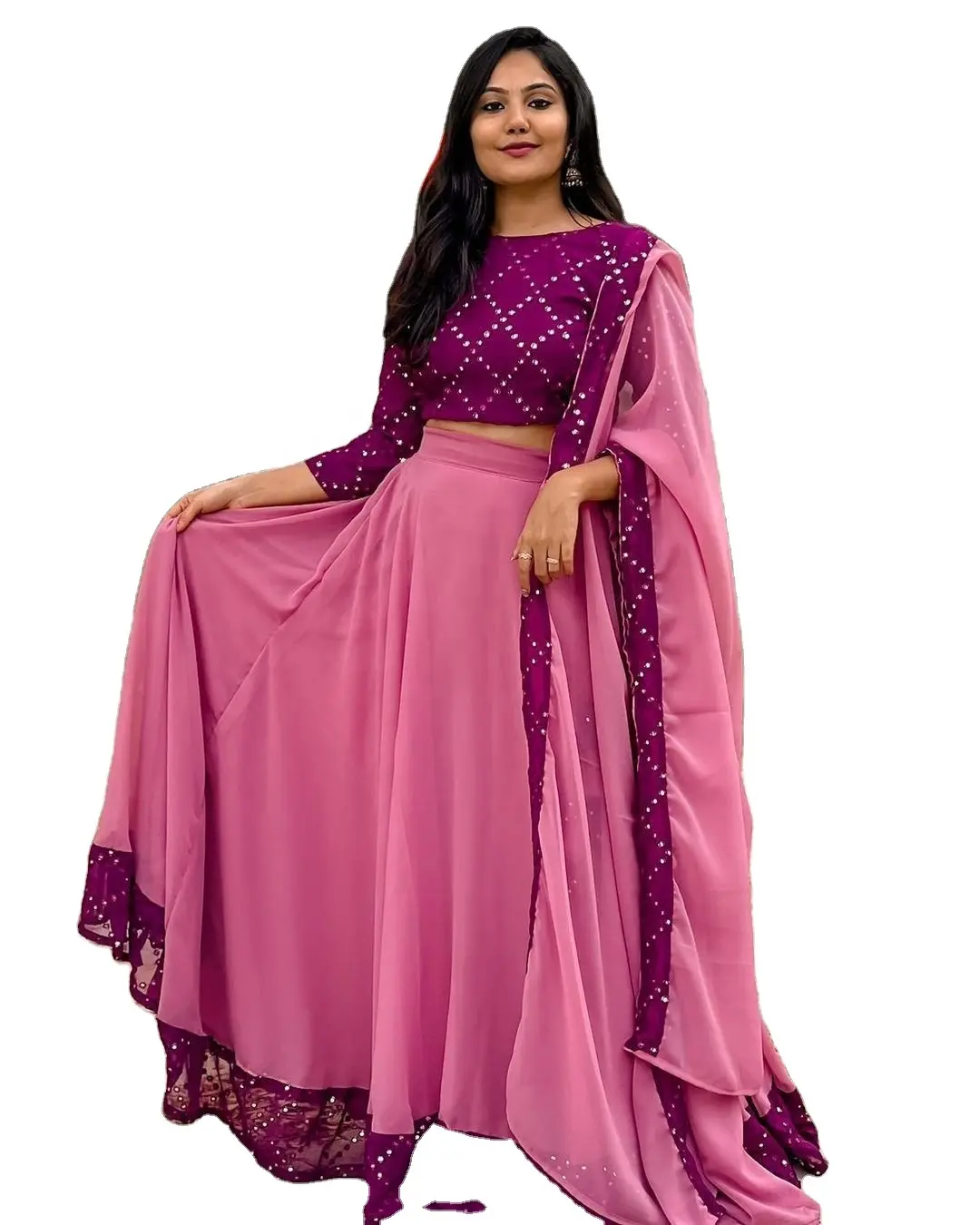 Venta caliente Fox Georgette lehenga choli Blusa con espejo de 9mm estilo de trabajo para mujeres elegantes al por mayor de ropa de mujer 2023