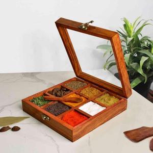 正方形のスパイスボックス木製のMasala Dabba 9スパイスコンパートメントとスプーンの多目的収納ボックスインドからのスパイス - Product Image 4