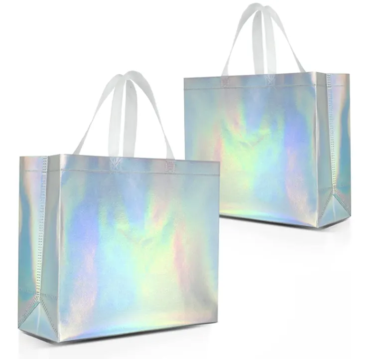 Bolso de compras de regalo de plata iridiscente con láser holográfico con purpurina reciclada a la moda promocional, bolso no tejido