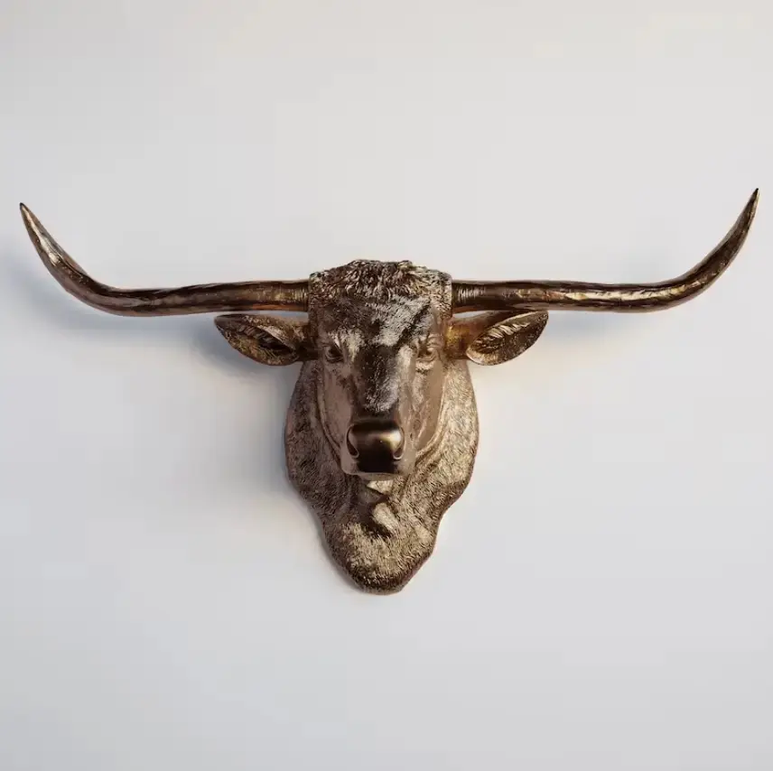 Cabeça de búfalo para parede, cabeça de animal para decoração de parede, mini cabeça de bicho de pelúcia, decoração de parede em latão