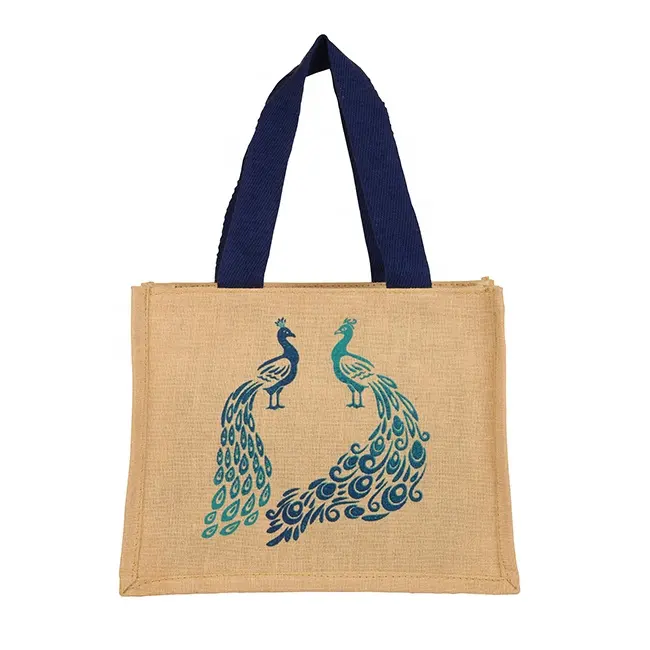 Logotipo personalizado con estampado de pavo real, bolsas de yute recicladas respetuosas con el medio ambiente, para comestibles y playa, venta al por mayor