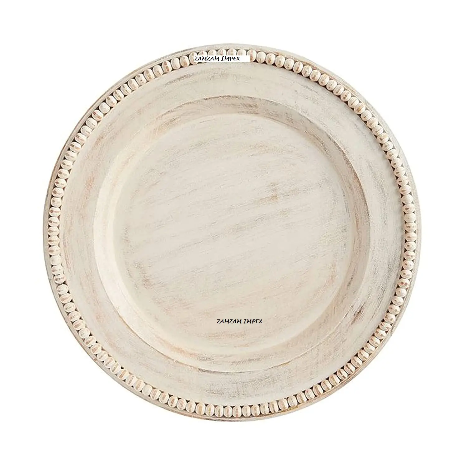 Placa de carga con cuentas de lujo, bandeja redonda lavada de madera blanca con Mango para decoración de mesa de comedor