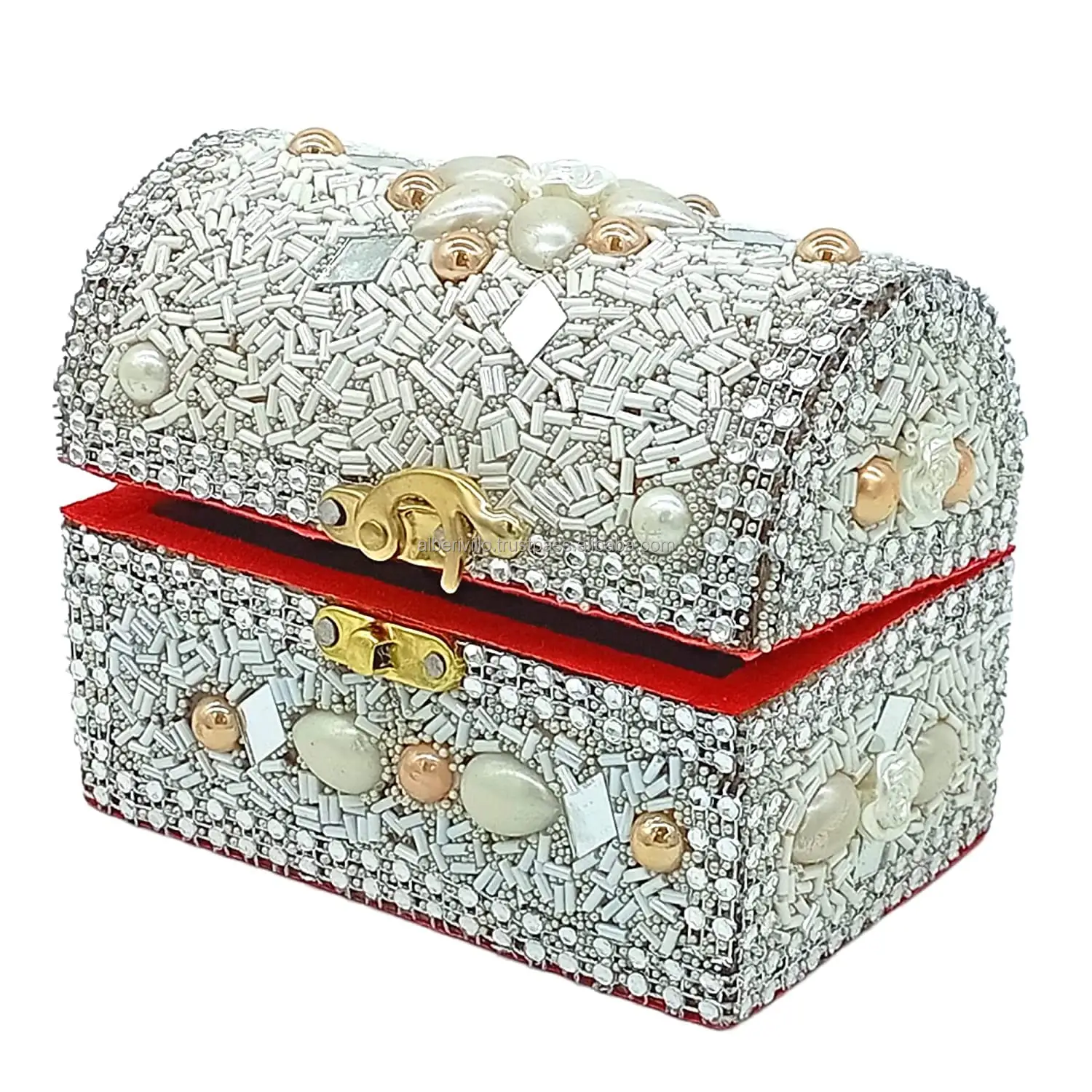 Caja de almacenamiento de caja decorativa de color plateado para joyería, caja de joyería Jaipuri artesanal de anillo de India