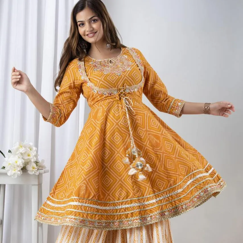 Ropa de fiesta de cumpleaños de boda india totalmente lista para usar algodón pesado Gota encaje trabajo corto Kurti Sharara con vestido Dupatta madres