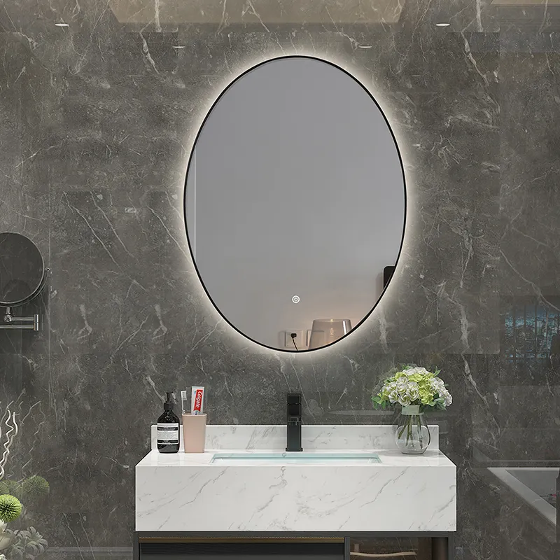 Espejo de baño LED con marco de aluminio ovalado de estilo europeo, espejo de tocador de cristal iluminado con personalizado