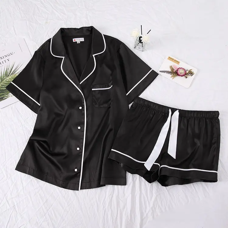 Custom Summer Silk Pajamas Womens Short Sleeve Sleepwear Soft Satin Button Down Loungewear 2 Piece Pjs Shorts Set For Women