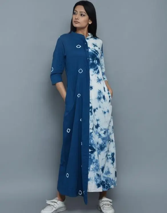 Nueva llegada de la tela de algodón floral impreso Remi occidental blanco y azul vestido largo Maxi para las mujeres