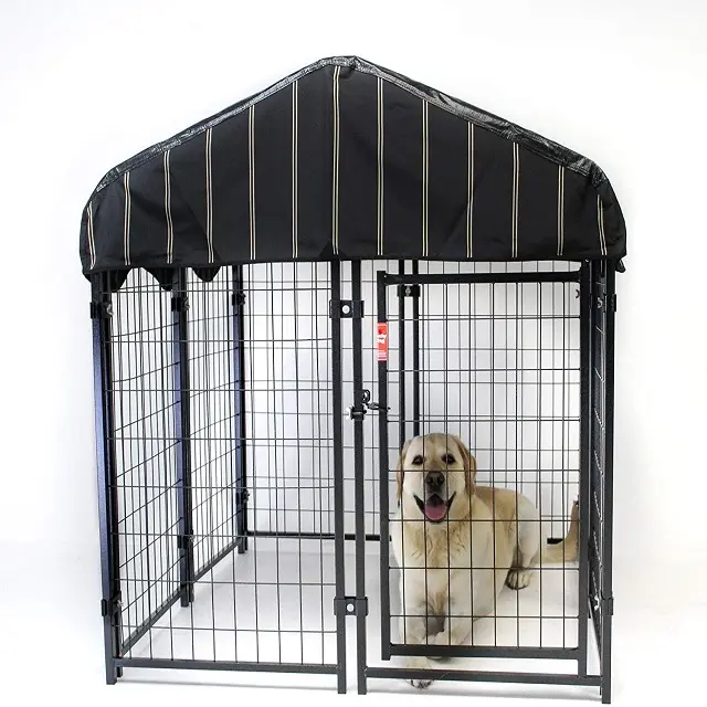 Vente en gros Grand chenil lourd extérieur en acier inoxydable haute résistance Cage pour chien noire avec roues