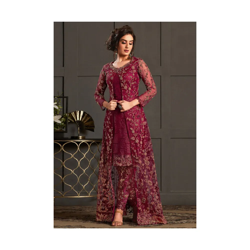 Gaun India setelan net berat Anarkali Salwar Kameez/Anarkali panjang pernikahan Salwar grosir eksportir dari India