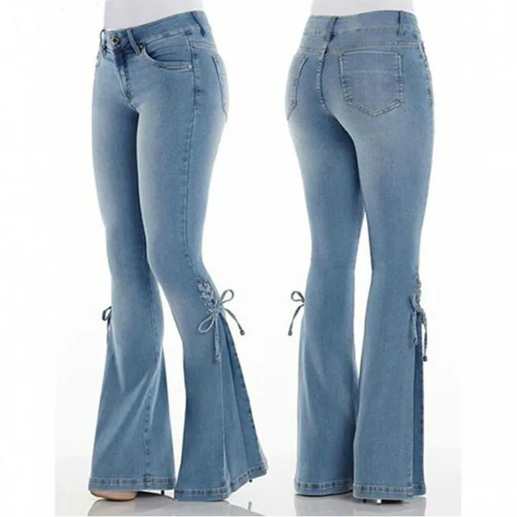 Pantaloni di alta qualità a vita media in pizzo in Denim elasticizzato taglie forti da donna abbigliamento con fondo a campana Jeans svasati pantaloni da donna