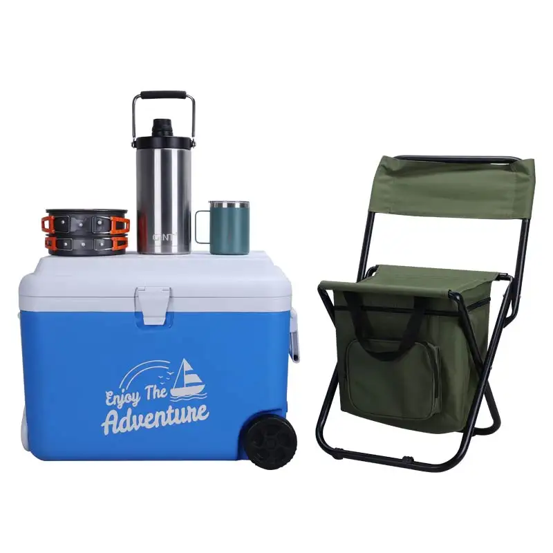 Novo refrigerador portátil conjunto de 5 peças 1 camping Chairs1 Pote de alumínio 1 galão jarro 4 caneca PP cooler caixa de gelo