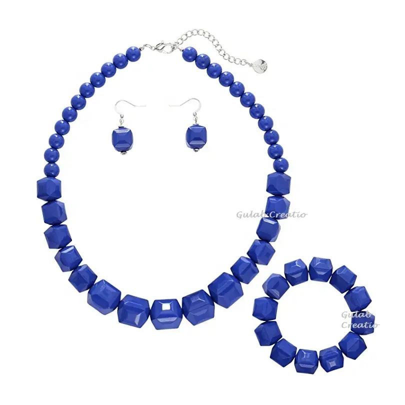 Collana di perline di resina blu geometrica collana di orecchini bracciale collana di perline africane acriliche per le donne