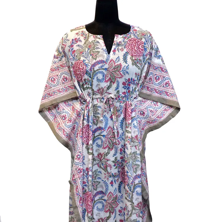 कपास कफ्तान आरामदायक लक्जरी लंबे आकार हाथ ब्लॉक बिक्री के लिए मुद्रित नरम कपास Voile कफ्तान Nightwear
