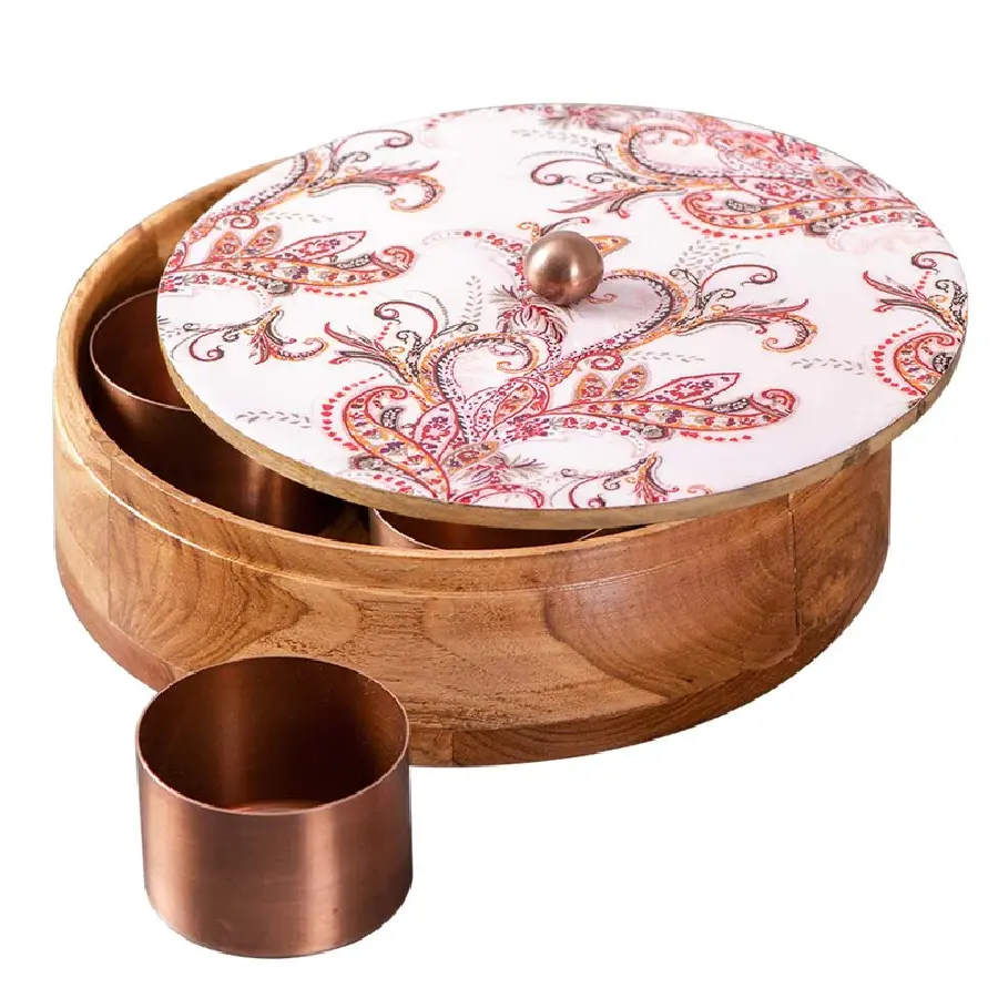 Excellent Quality kitchen Accessories Round Shape Wooden Traditional Indian Spice Box from Indian Exporter