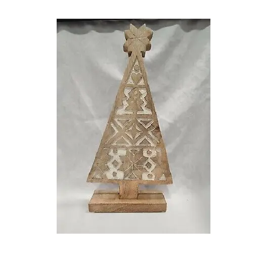 Árvore de Natal em madeira de manga esculpida à mão, figuras e estatuetas de madeira multifuncional, árvore de natal