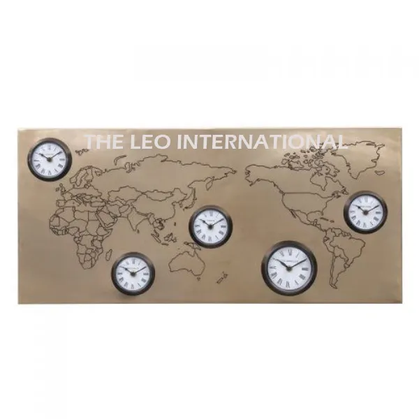 Aço metal cetim fosco cor dourada mapa do mundo 5 faces relógio de parede 31X2X14 Polegada relógio mundial hotel decoração escritório decoração