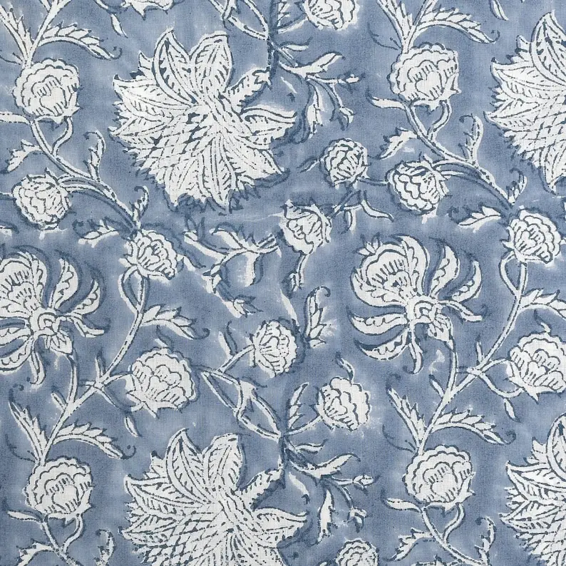 Airforce Blue & White Indian Floral Hand Block Imprimé 100% Tissu de coton pur Tissu par la cour Rideaux Oreillers Robes Couvertures