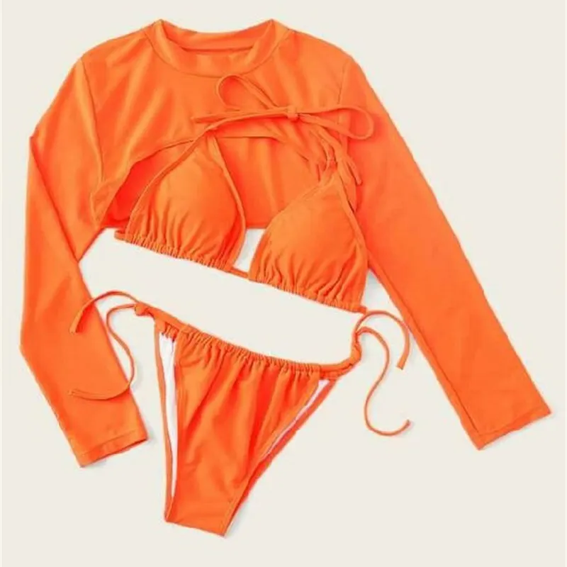3PCS Swimsuit Summer Sexy Women Mesh Long Sleeve Drawstring Bikini Set Push Up Swimwear Bra+Bottom+Cover Up Swimsuit