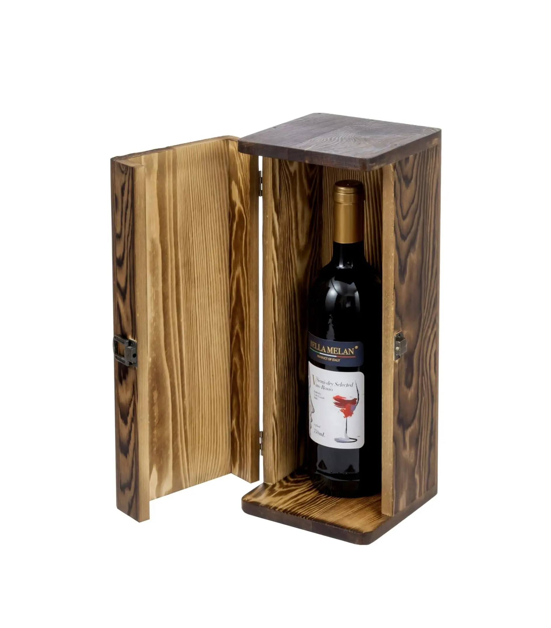 Porte-bouteille de vin unique en bois massif brun foncé brûlé rustique, coffre décoratif pour boîte-cadeau avec loquet en métal de couleur laiton antique