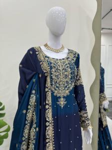 Elegant Same Colour Heavy Chinon Designer Suit Set Featuring Inner Sharara &amp; Dupatta with Intricate <strong>Coding</strong> <strong>Sequence</strong>