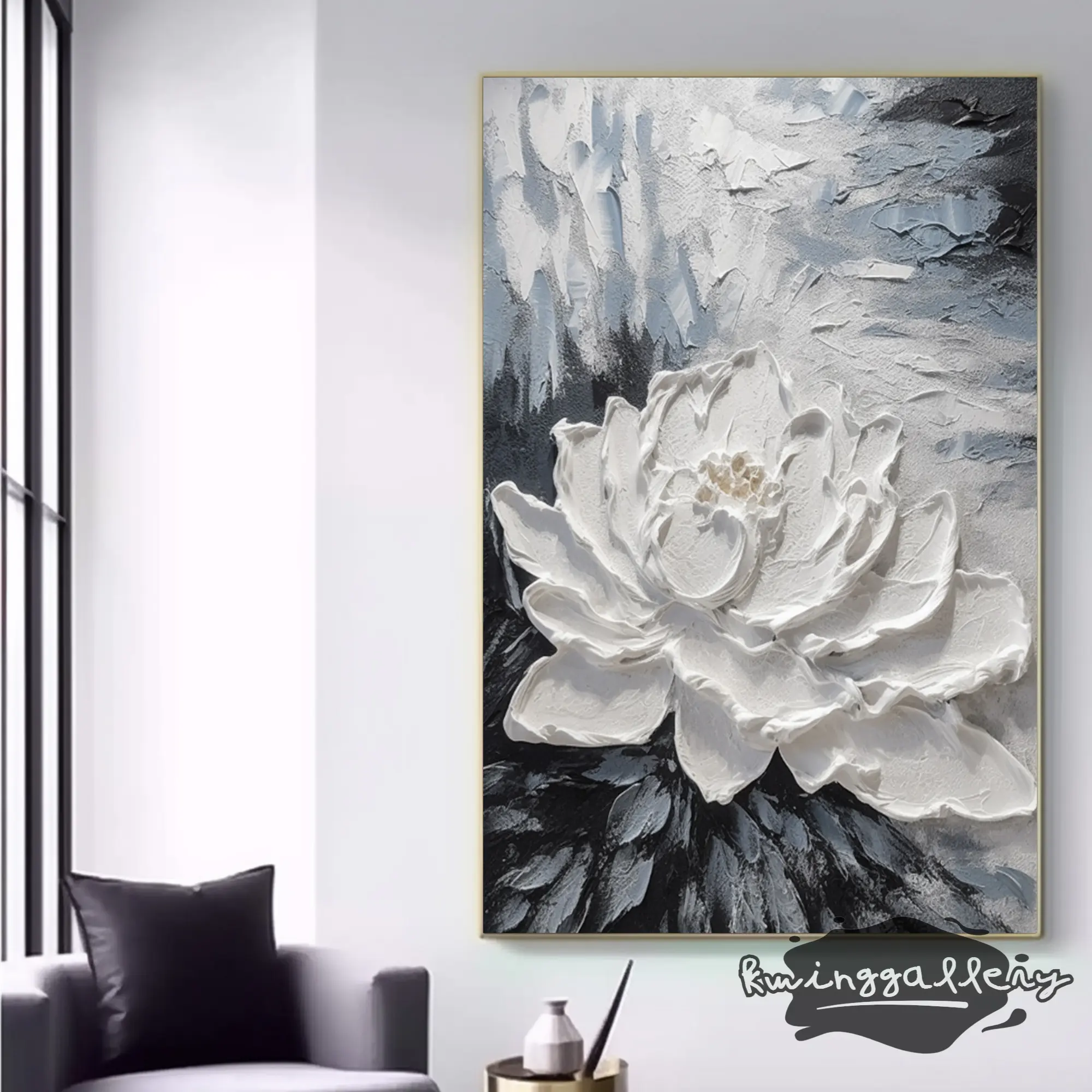 Pintura al óleo de flores blancas, pintura al óleo hecha a mano, lienzo moderno, pintura al óleo de Arte de pared de flores simples blancas