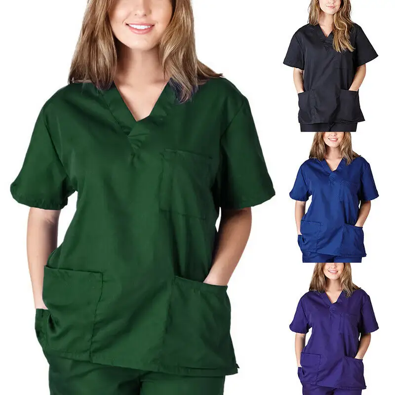 Women Nurse Nursing Uniform Short Sleeve T-shirt Unisex V-Neck Scrub Blouse Top 2022