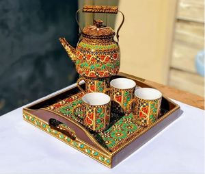 スワティ伝統芸術手描きセラミックカップとスチールティーポットセット、ケトルセット付き手描きデザイナーセラミックティーカップセット - Product Image 2