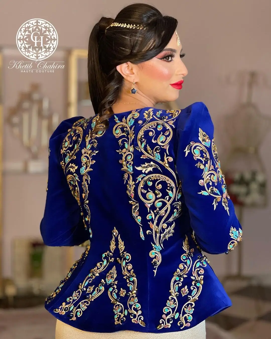 Veludo azul karakoua vestido caftan mão fazer mulher muçulmana vestido