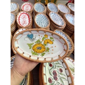 2025 <strong>NEW</strong> ITEM Rustic Style <strong>Handmade</strong> Rattan Ceramic Plate Food <strong>Tray</strong> for Tableware