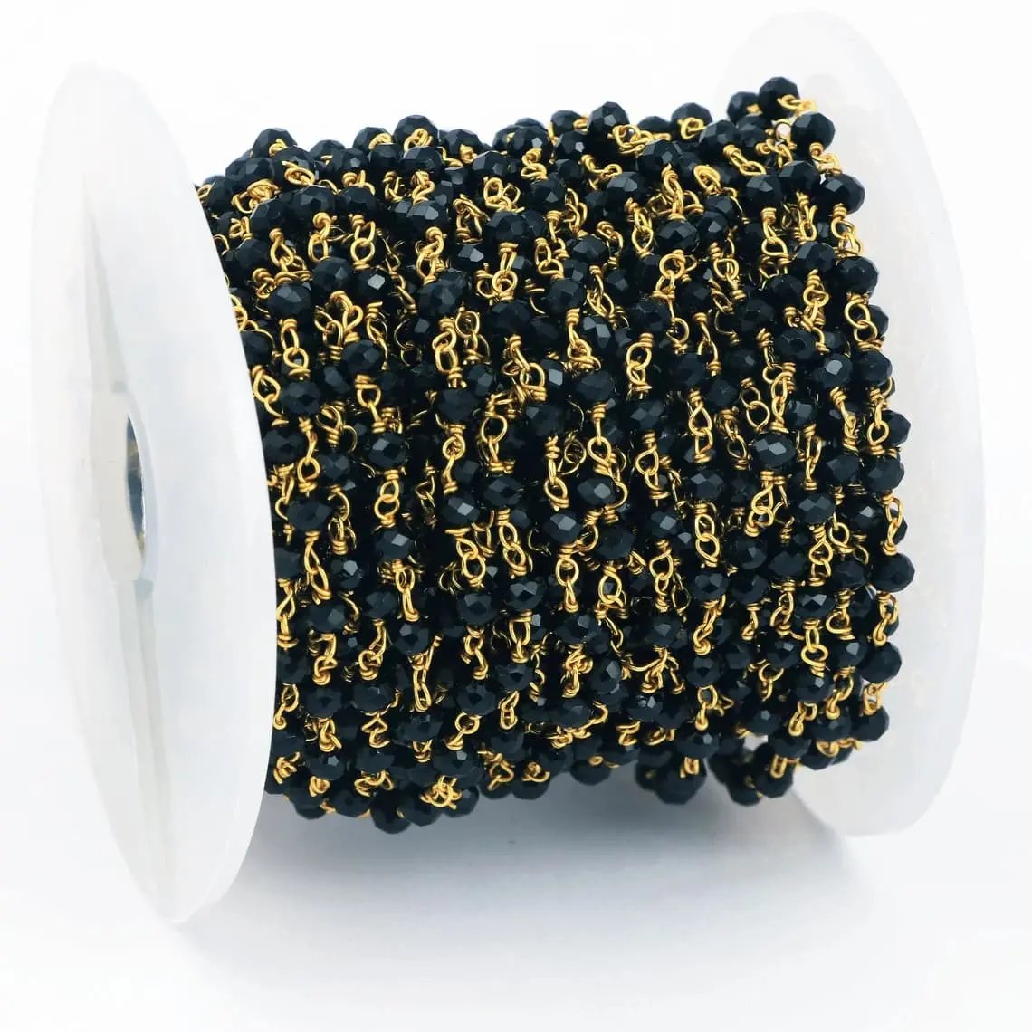 Rosário de contas Rondelle Hydro facetado ônix preto 3-3.5mm, corrente de contas banhada a ouro amarelo para fazer joias