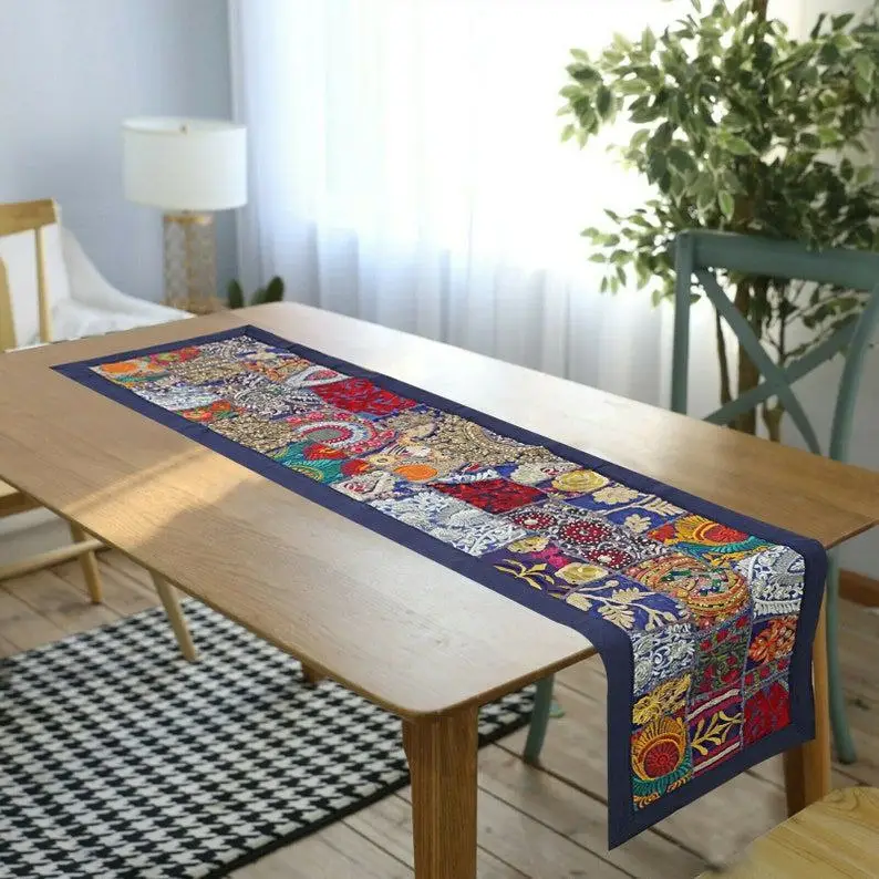 רץ שולחן הודי עיצוב חדר בד רקום טלאים כותנה שולחן אוכל רב צבע בעבודת יד רץ שולחן דקורטיבי