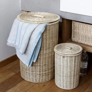 Cestas tejidas de ratán de nuevo estilo, Cesto redondo de mimbre alto hecho a mano para ropa, cesto de lavandería, inyección de lino Natural para el hogar, madera Doble