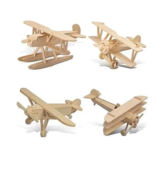 Kits de modèles d'avion en bois-Water Plane Spirit of St. Louis 17 & Tri-Plane 3D Wooden Puzzles Set, Educational - 4 Pack