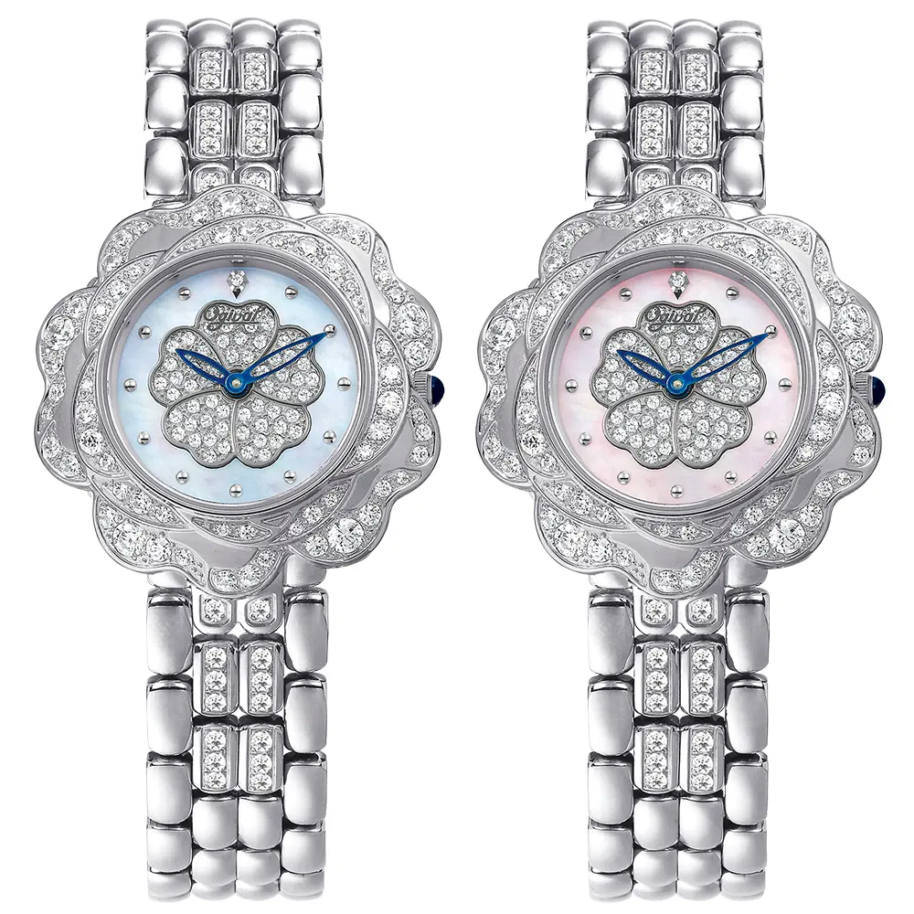 Ogival Merk Horloge Camellia Bloem Bloesem Real Diamond Blue Shell X Zilver Roestvrij Staal Zwitserse Quartz Horloge Voor Vrouwen