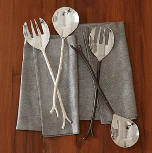 银色黑色树枝手柄钢金属沙拉服务器最佳设计服务工具镜像沙拉服务器婚礼派对餐具 - Product Image 1
