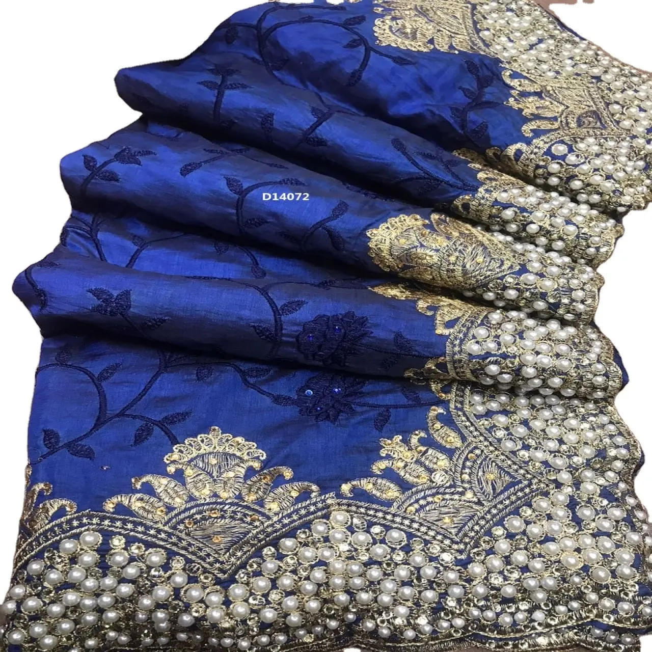 गर्म बेच डिजाइनर कशीदाकारी शुद्ध रेशम फूल डिजाइन भारतीय महिलाओं पहनने के साथ नीले रंग की साड़ी ब्लाउज टुकड़ा मोती काम साड़ी