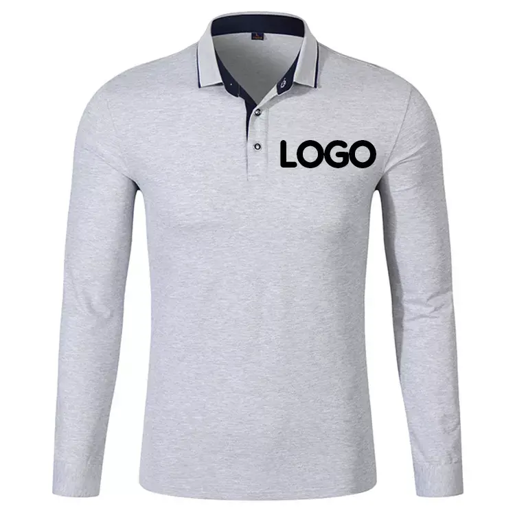 Aangepaste Grijs Jercy Lange Mouw Polo Shirt/Hele Verkoop Volledige Mouw Katoenen Polo Shirt Grijs/Borduren Logo Mannen polo Shirt