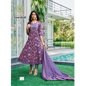 新作コットンプリント刺繍作品Anarkaliレディースインド & パキスタン服デザインKurtisパンツ & プリントDupatta - Product Image 1