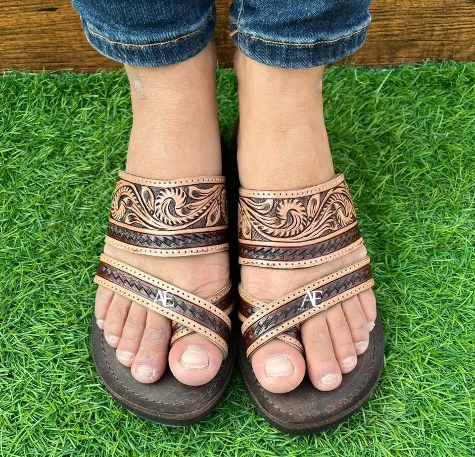 Sandalias de Punta abierta para mujer, chanclas informales de cuero de vaca, estilo occidental, auténticas, hechas a mano, para exteriores, calzado marrón plano