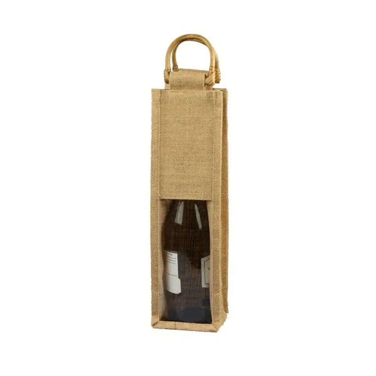 Bolsas de botella de vino de yute 100% de arpillera biodegradables ecológicas con ventana de PVC y mango de caña