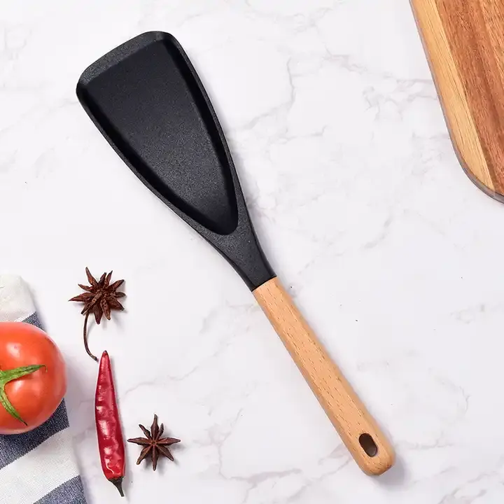 Cuillère à riz 2 couleurs de qualité alimentaire Spatule à riz avec manche en bois Spatule à ustensiles de cuisine en silicone pour la cuisson