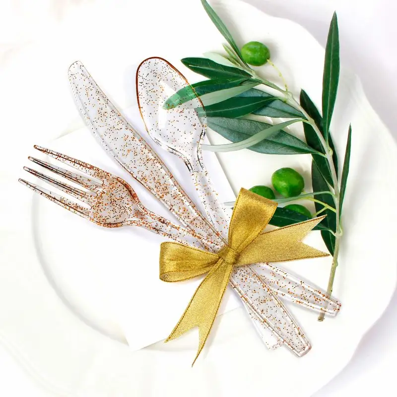 Alat makan plastik Emas Glitter, garpu peralatan dapur sekali pakai untuk pesta pernikahan