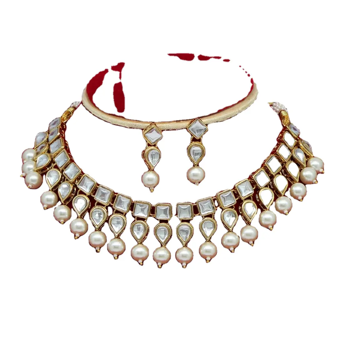 Kundan Collar de hecho a mano con pendientes para mujer y niña, juego de collar indio ligero de diseño exclusivo, colección con pendientes