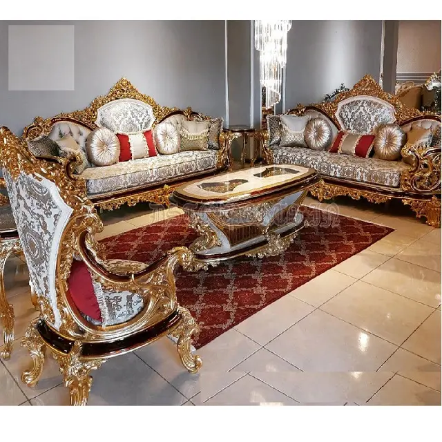 Conjunto de sofás de estilo francés con acabado dorado para el hogar, juego de muebles de sala de estar tallados a mano, de aspecto rico, Set de sala de dibujo de 7 plazas